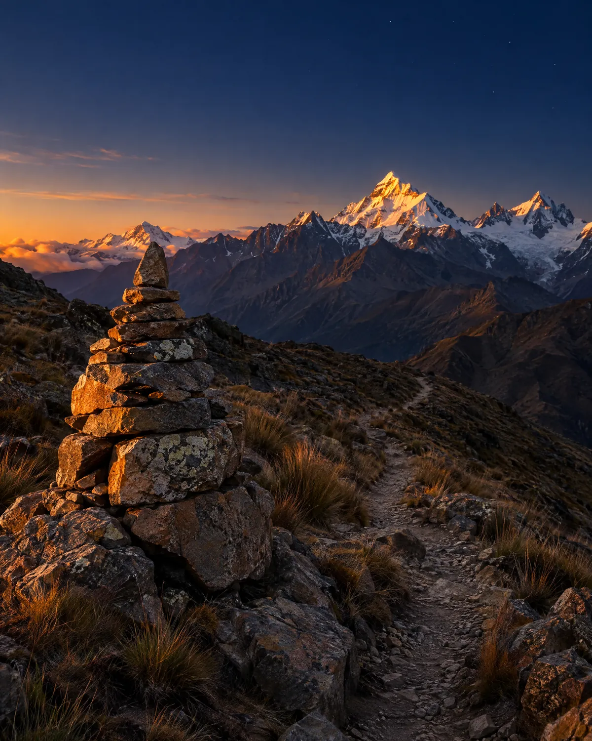 Apacheta de piedras que marca un sendero en la cordillera al atardecer