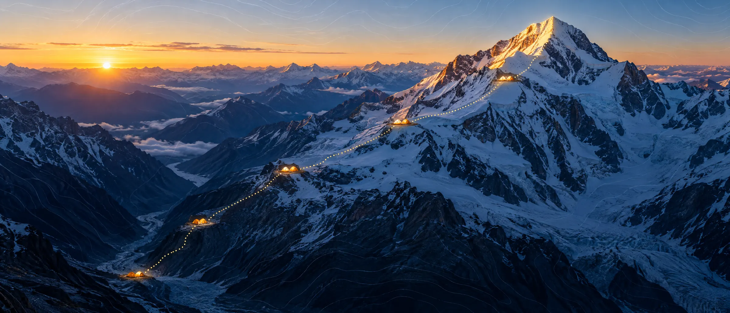 Ruta de ascenso iluminada con campamentos hasta la cumbre al amanecer